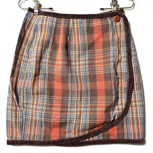 VTG FL Malik Wrap Skirt Sz 8 Warm Plaid Chenille Trim 70s Mod‎ Go-go Cottagecore